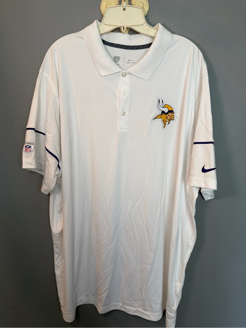 NFL White Minnesota Vikings Polo with Yellow & Purple Logo Nike DriFit